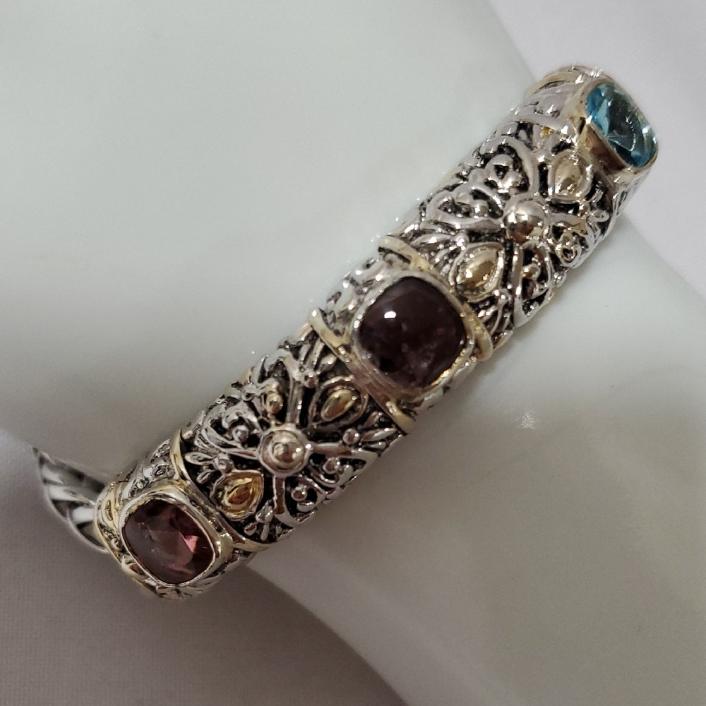 Sterling Filigree Gemstone Cuff Bracelet - Multicolor